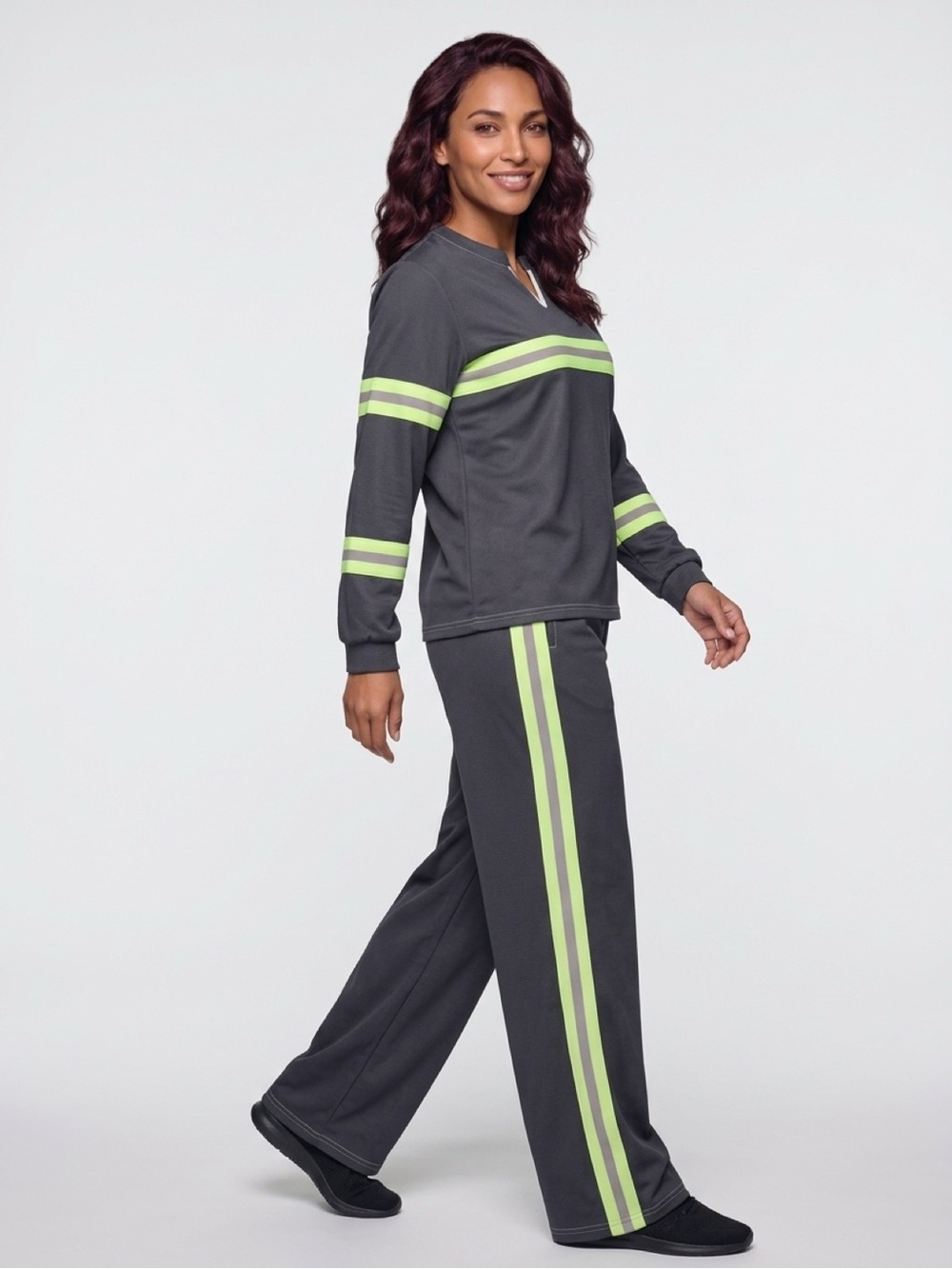 Women's Charcoal Lounge Set with Lime Stripe